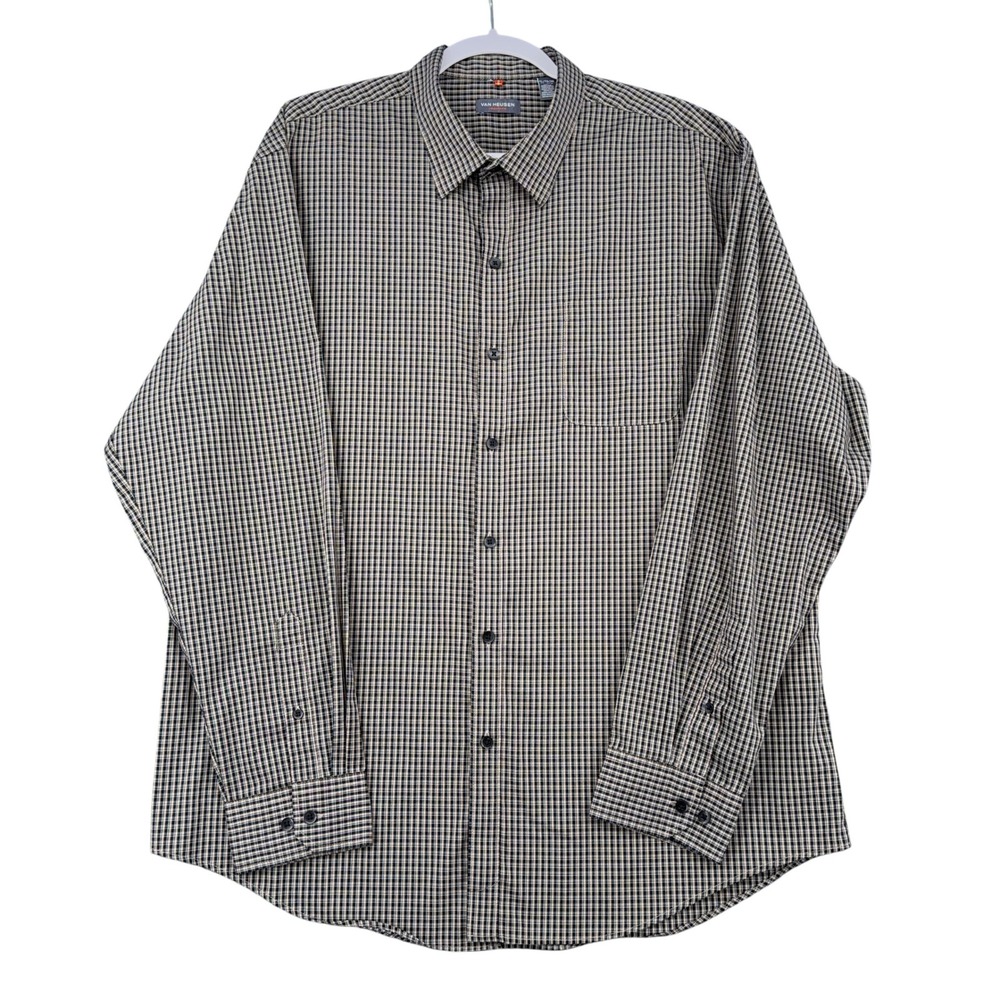 Van Heusen‎ Traveler Mens XL Button Down Shirt Tan Black Micro Check Stretch L/S